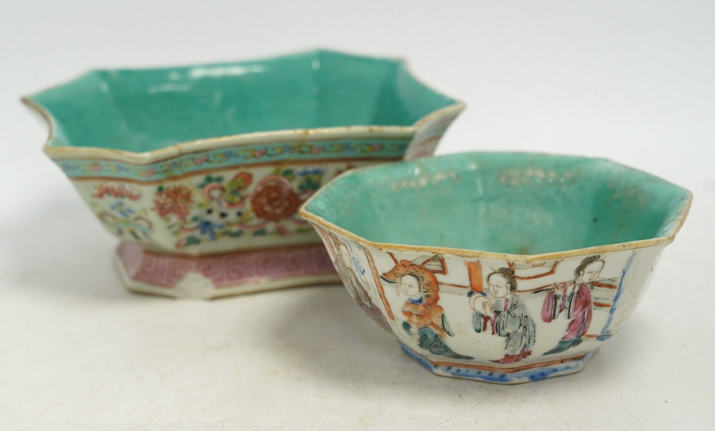 A Chinese famille rose octagonal bowl and another, both Tongzhi mark and period (1862-1874), largest 16cm wide. Condition - rectangular dish is damaged, bowl is fair, chip to the top rim